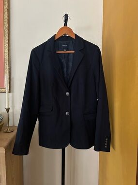 Lands' End Women's Two Button Blazer Suit Jacket Career Preppy Navy Blue Size 12